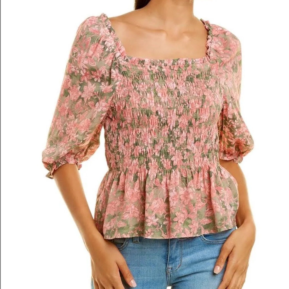 Dry goods cottage witch Smocked Puff Sleeve floral peasant Blouse size mediu